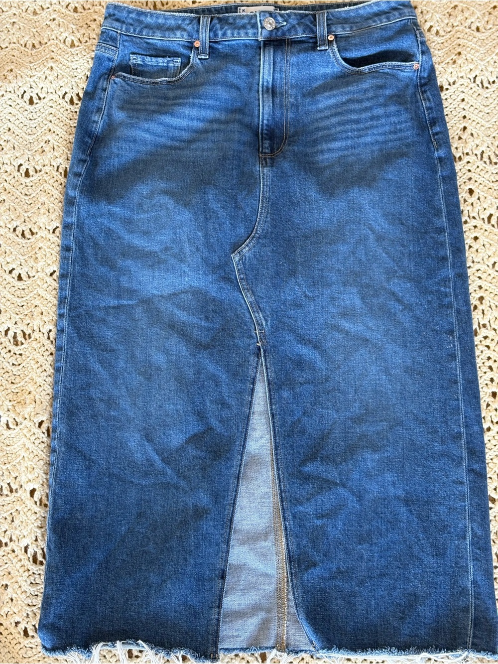 PAIGE long denim skirt size 12 slit front#RawHem#falldenim#HighRise #Size30#nwot